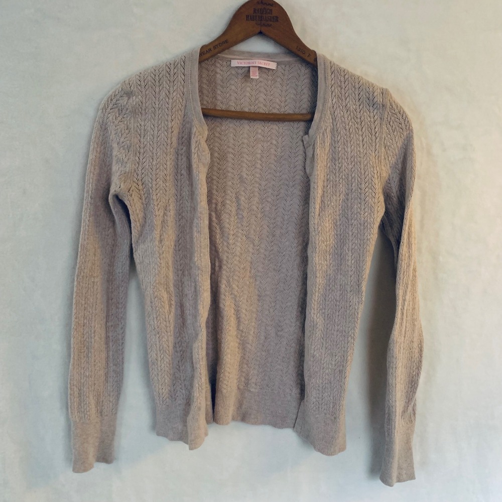 Victoria's Secret Cardigan Womens XS Beige Pointelle Knit Open‎ Front Lace Logo
